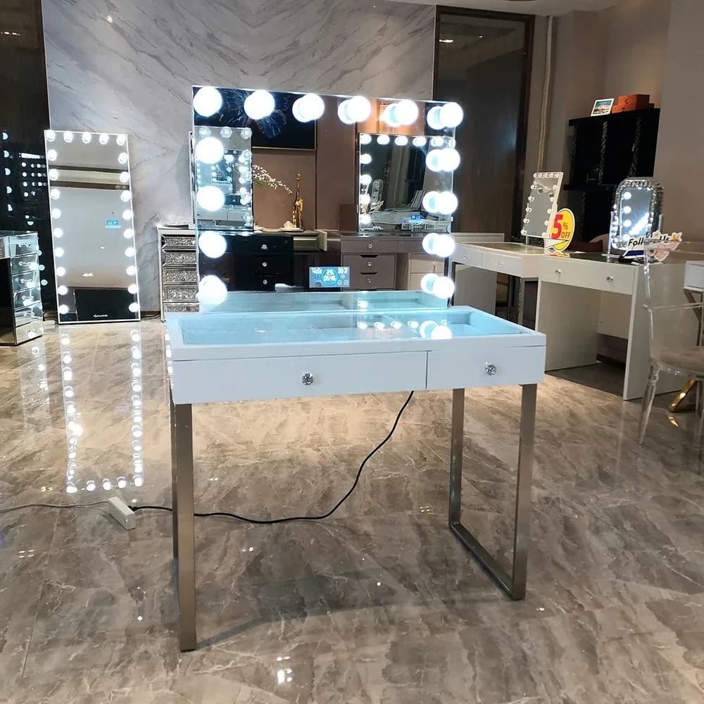 Modern Bedroom Set  Vanity Table Set With LED Light Mirror Make Up Dresser Smart Furniture