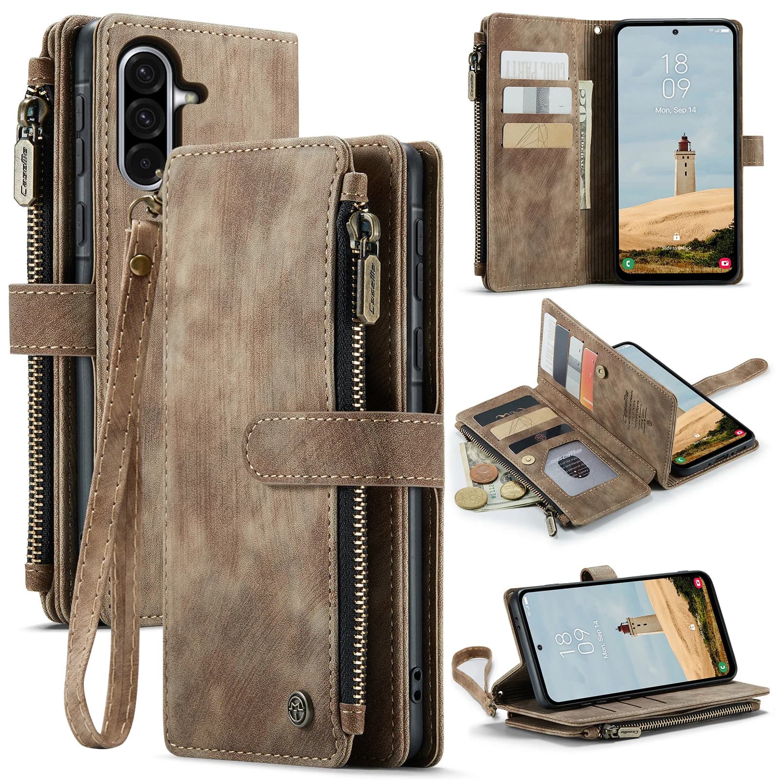 For Samsung Galaxy A36 5G Phone Cases with Strap CASEME C30 Zipper Multiple Card Holder PU Leather Cover - Brown