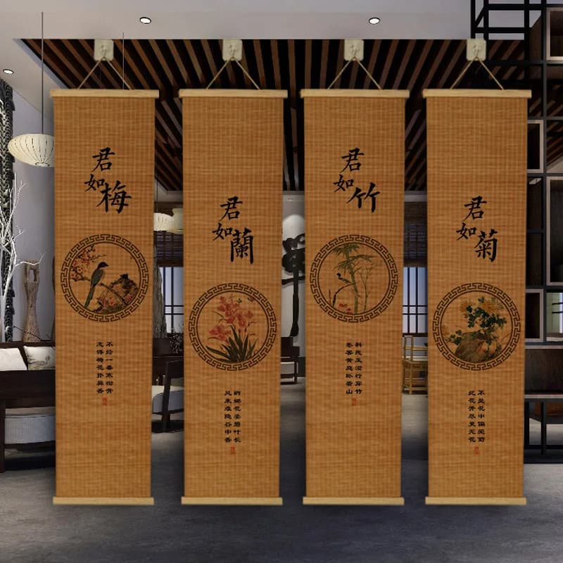 Paintings Four Panel Bamboo Hanging Scrolls Plum Orchid Chrysanthemum Bamboo Artwork Oriental Zen Living Room Entrance