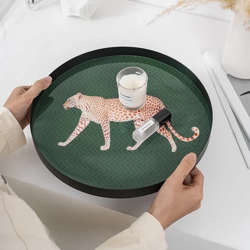 Round Metal Jewelry Plate Iron Leopard Tray Jewelry Storage Tray Organizer for Vanity Table