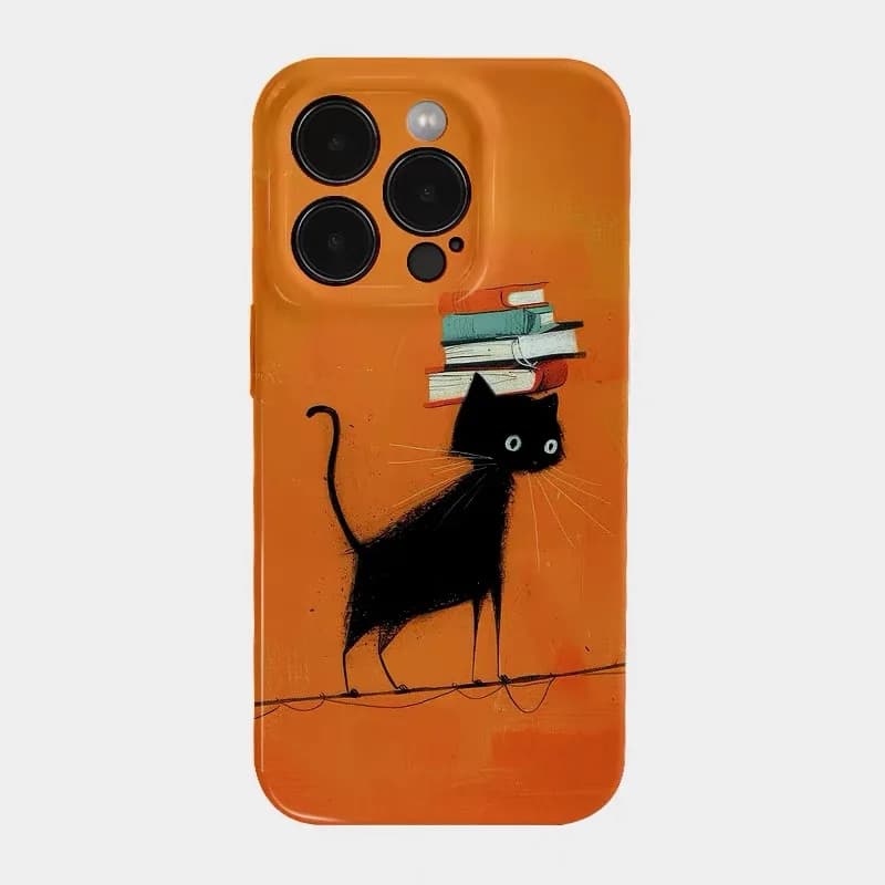 Orange Learning Loving Black Cat Phone Case for IPHONE 17 Air 16E 15PROMAX 14Plus 13 12 MINI 11PRO 16Plus XR Acrylic Phone Cover