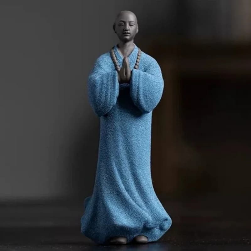 Blue Zi Sha Sand Standing Monk Statue Praying Buddha Buddhism Zen Figure Decor