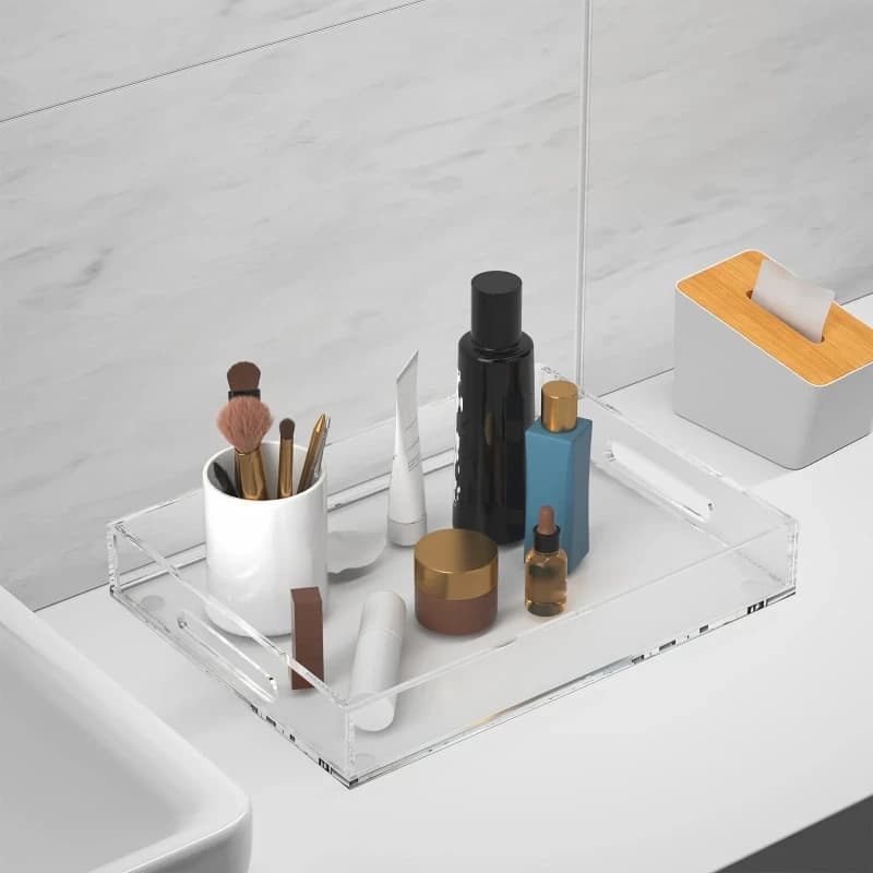 Acrylic transparent tray with handle -13.7 x 11 inches, storage tray for cosmetics and toiletries,kitchen fruit,snacks,and meals