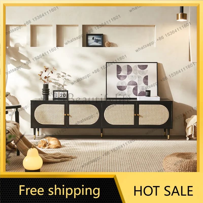 FG retro silent wind rattan solid wood TV storage cabinet living room medieval locker