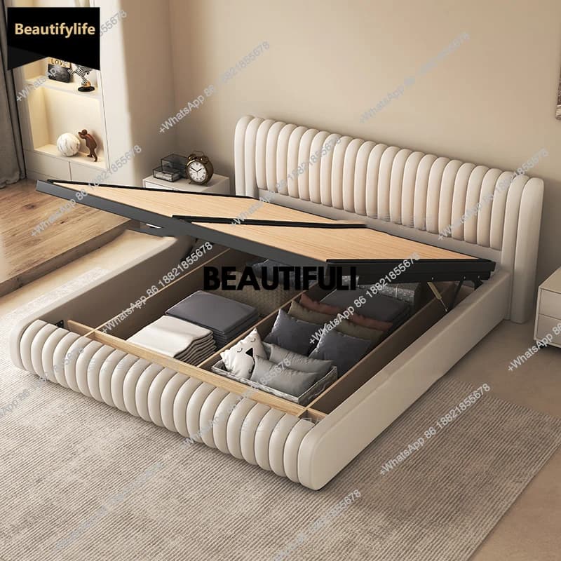 D80 Modern Drawers Double Bed Storage Luxury Leather Big Wooden Adults Double Bed Queen Frame White Cama De Casal Home Furniture