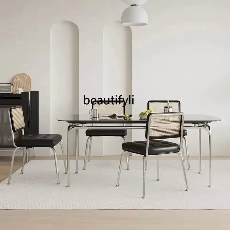 cc182R11 Minimalist Light Luxury Tempered Glass Dining Table Italian Minimalist Dining Tables and Chairs Set Stainless Steel Di