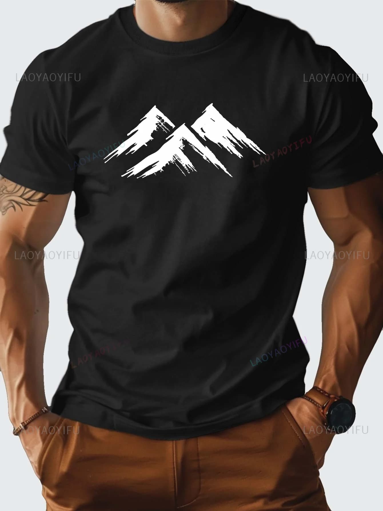 Men's Heavyweight 100% Cotton TShirt with White Mountain Print Tees Funny Pattern Tees Men's T-shirt Outdoor Clothing