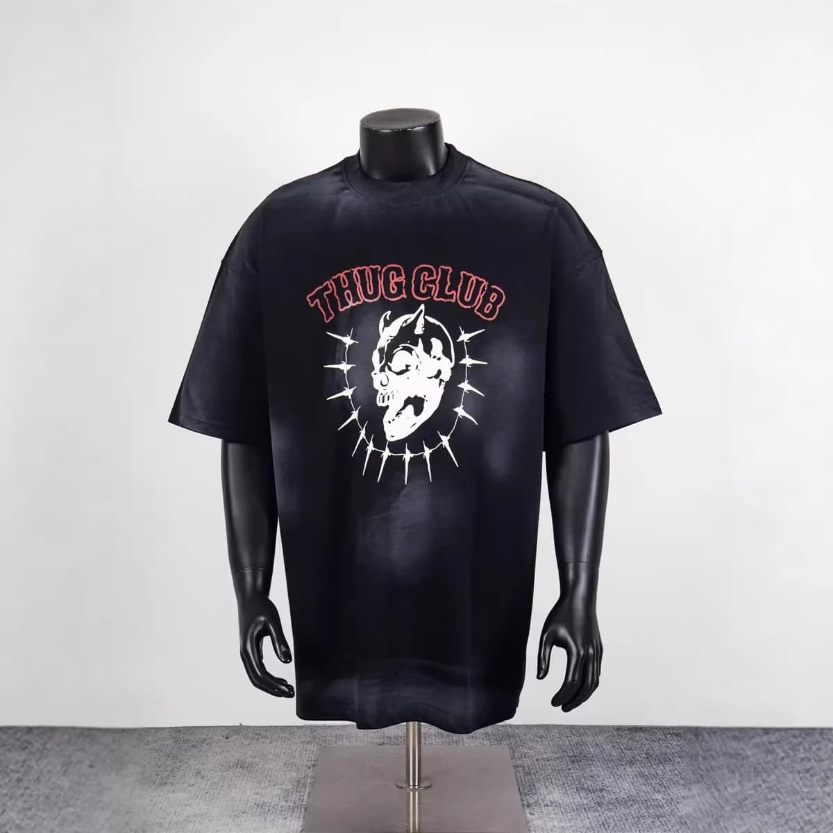 Thug Club Street Hip Hop Skull Demonstration Embroidered Dirty Vintage Loose Men's and Women's Short-Sleeved T-Shirt Trendy