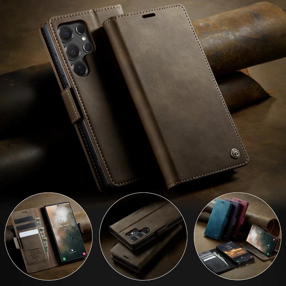 Flip Wallet Card Case Solid Color Leather Phone Cover For Samsung Galaxy S25 Ultra/S24 Ultra/S22 S23 Ultra/Note20 Ultra/Note10+