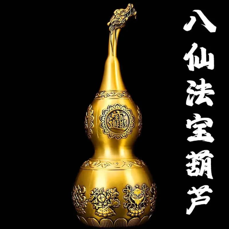 Brass dragon head gourd ornament for the living room, brings wealth and good fortune, large hollow gourd with a lotus base and e