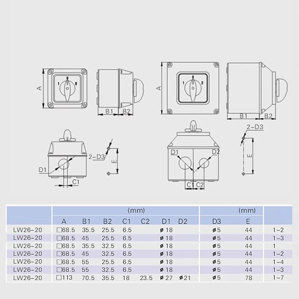 3 Position 20A 380V Rotary Cam Changeover Switch LW26-20 IP65 Enclosed Transfer Switch For Motor Reversing Control