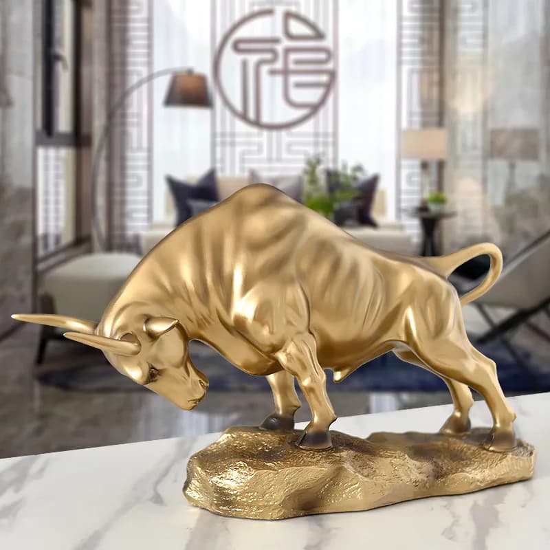 Golden Bull Statue Sculptur Resin Collectable Table Decor-Cattle Figurine for Office Home Decoration Modern Ornament Living Room