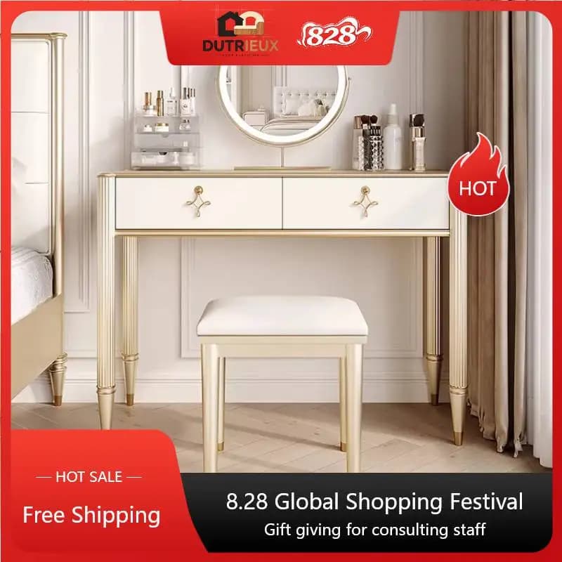 Waterprrof Nordic Dressing Table Led Light Aesthetic Wooden White Dressers Bedroom Mirror Coiffeuse De Chambre Dresser Furniture