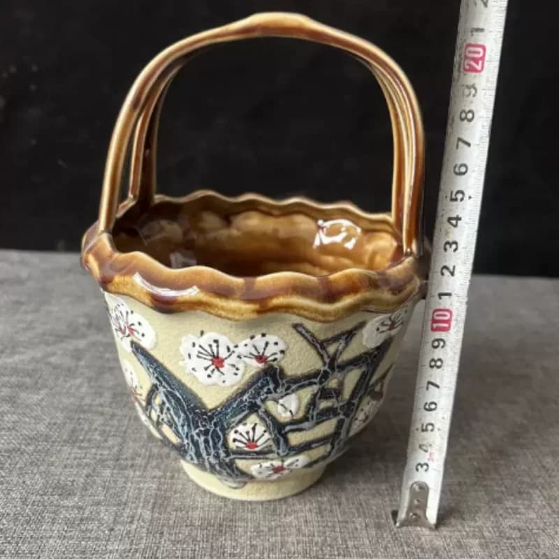 Antique Ceramic Plum Blossom Pattern Handheld Basket Desktop Ornament Folk Art Collection Creative Decorative Crafts