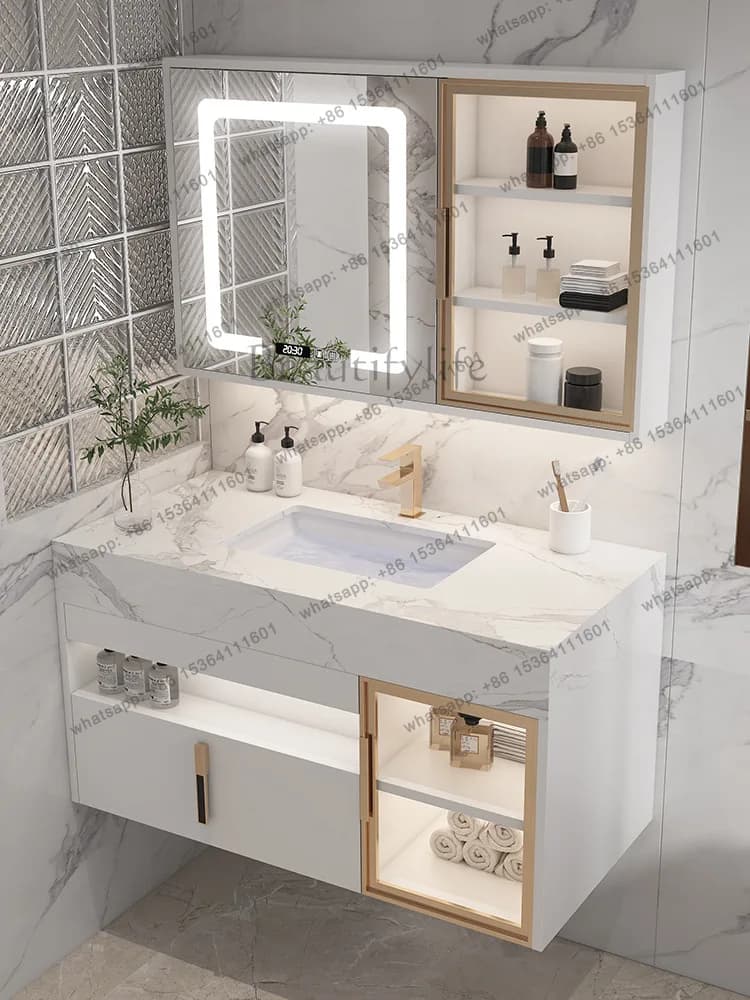 LDBathroom Cabinet with Slate Ceramics Sink Combination Solid Wood Intelligent Simple Bathroom Cabinet Sink Washbasin