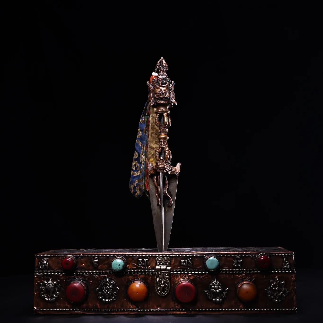 18"Tibetan Temple Collection Old Purple Bronze Cinnabar mosaic Gem Mahakala Head Vajra Phurpa Box set Town house Exorcism