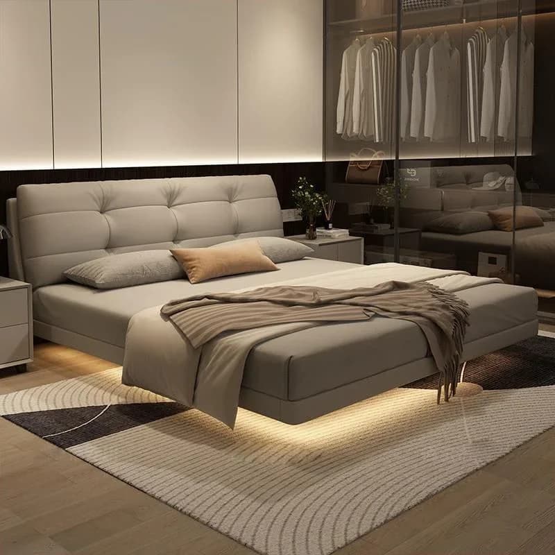 Heavy Duty Price Double Bed Beige European Base Lit Luxe Double Bed Adults Floating Metal Wood Camas De Dormitorio Furniture