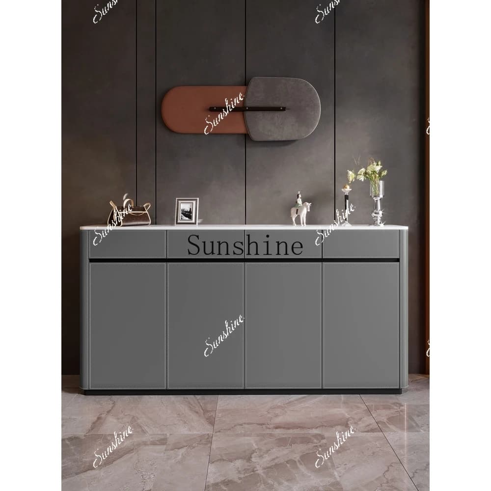 Italian light luxury saddle leather dining side cabinet modern simple living room entrance solid wood tea cabinet  FT