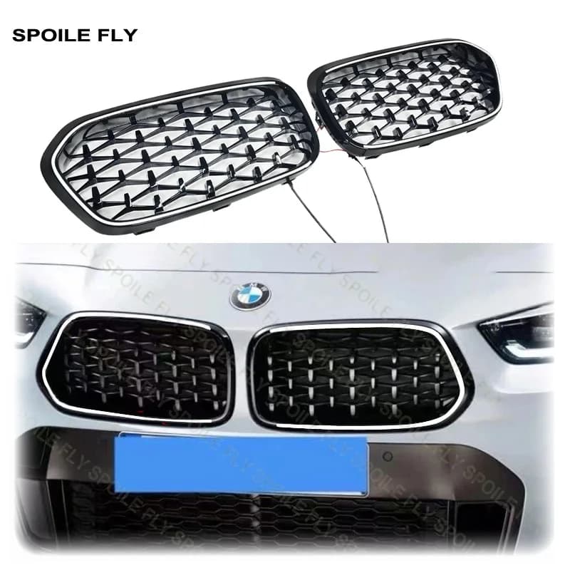 2019 To 2024 For BMW X2 F39 M Sport Diamond & Star Style Racing Grilles LED Light Grills Bumper High Quality ABS Glossy Black
