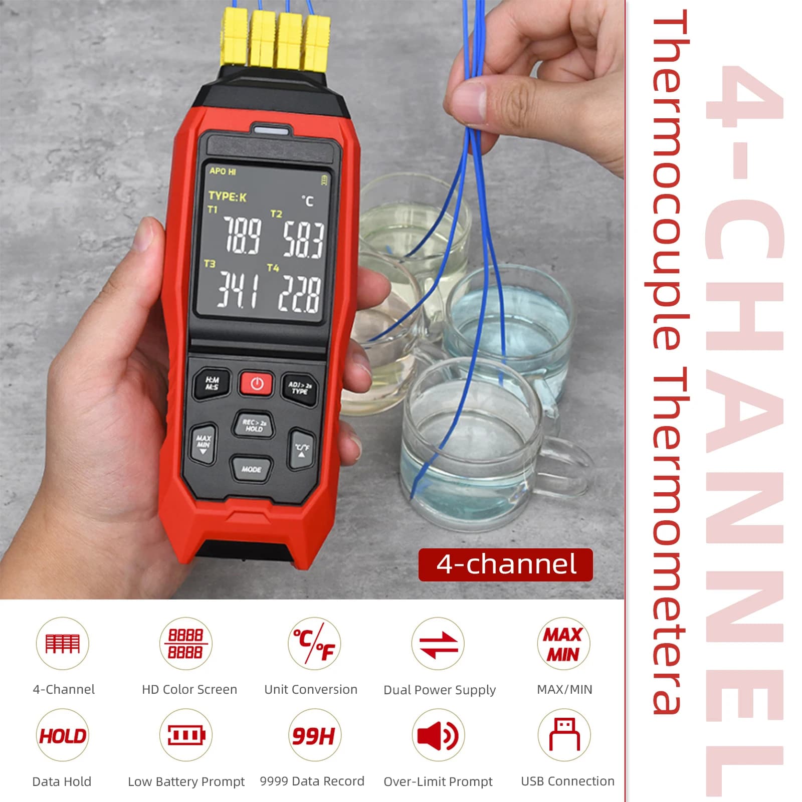 Quad-Channel Probe Thermocouple Thermometer, K/J/T Contact Digital Temperature Sensor Measurement Tool, For Appliance Repair