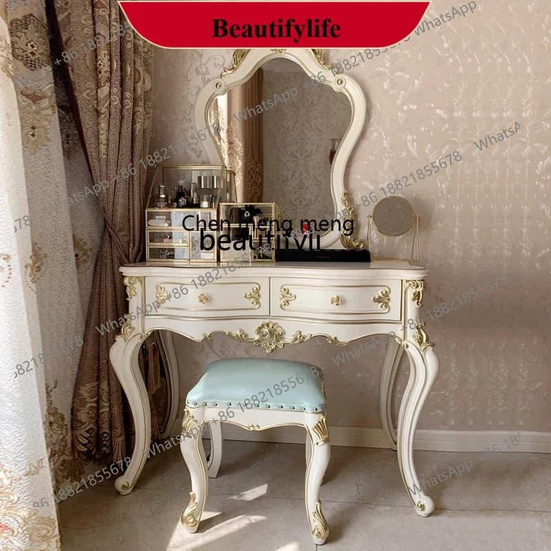 D178  European dresser solid wood carving flower beauty French light luxury bedroom pearl white lord makeup table small apartmen