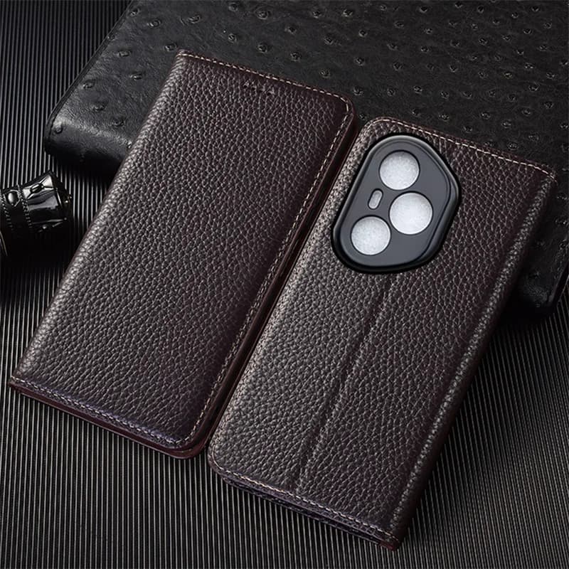 Genuine Leather Flip Case For Honor 60 70 80 90 100 200 300 400 GT Pro Plus Lite Ultra Phone Cover Cases Litchi Pattern Handmade