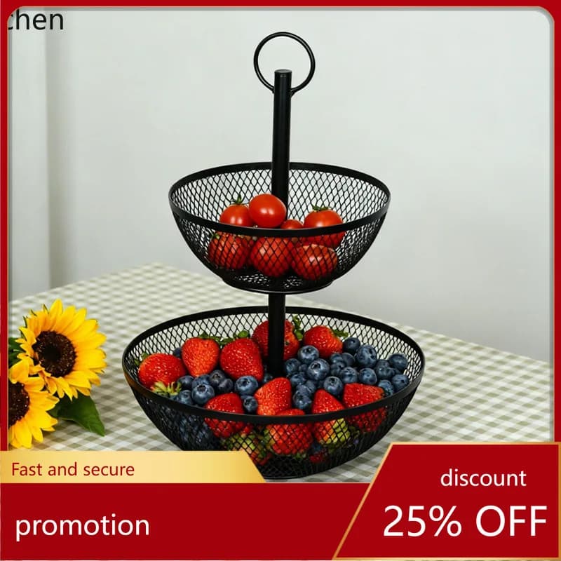 Zml creative double-layer fruit basket, iron art fruit tray, snack storage basket for living room home desktop