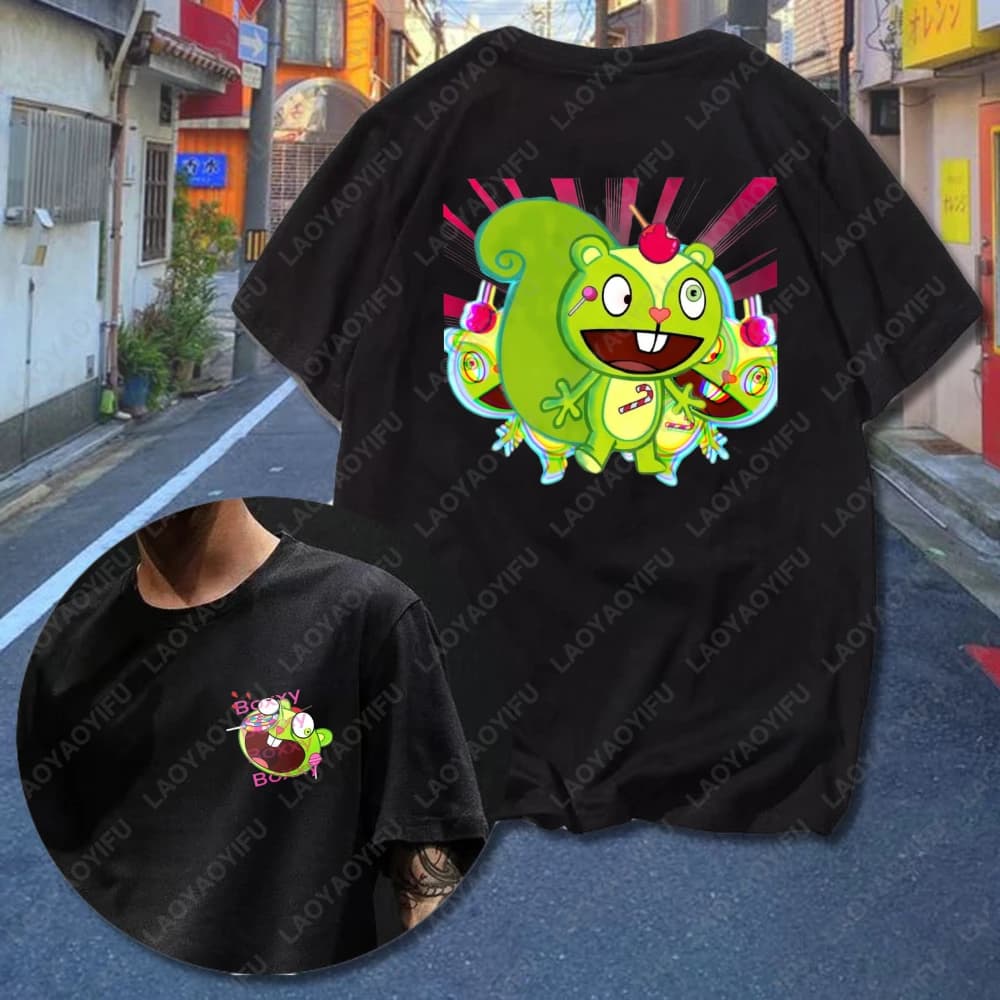 Cartoon Anime Streetwear Happy Tree Friends Print T-Shirt Nutty and lollipop Graphic T-Shirt Summer Fashion Round Neck Top