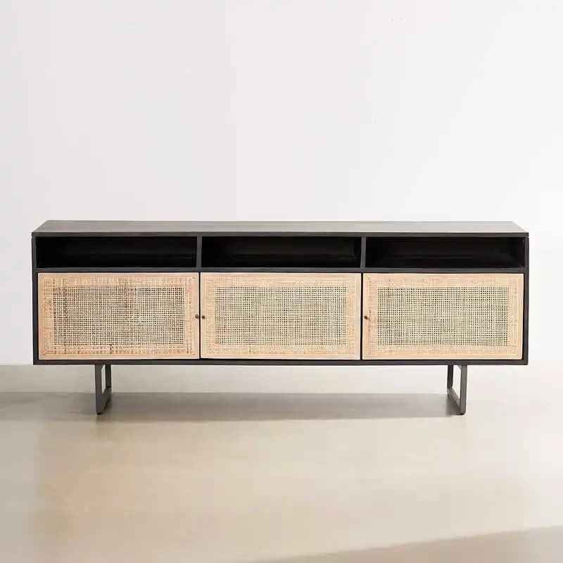 LTT French solid wood rattan TV cabinet retro wabi sandy wind floor locker