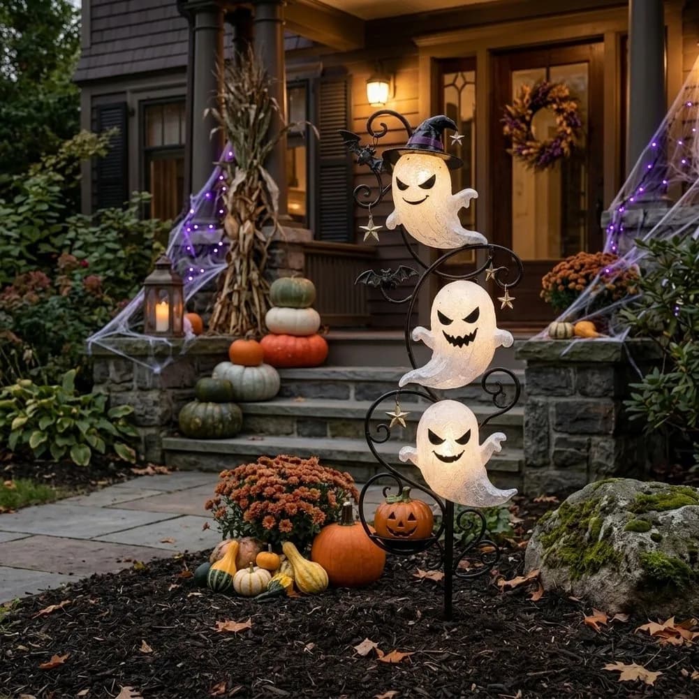 Outdoor Lighted Halloween Yard Stake with Specter Design Waterproof for Garden Patio Pathway 45cm 17.7in Decor