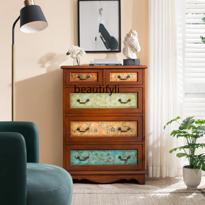 American all-solid wood chest of drawers, retro painted furniture, bedroom storage, walnut