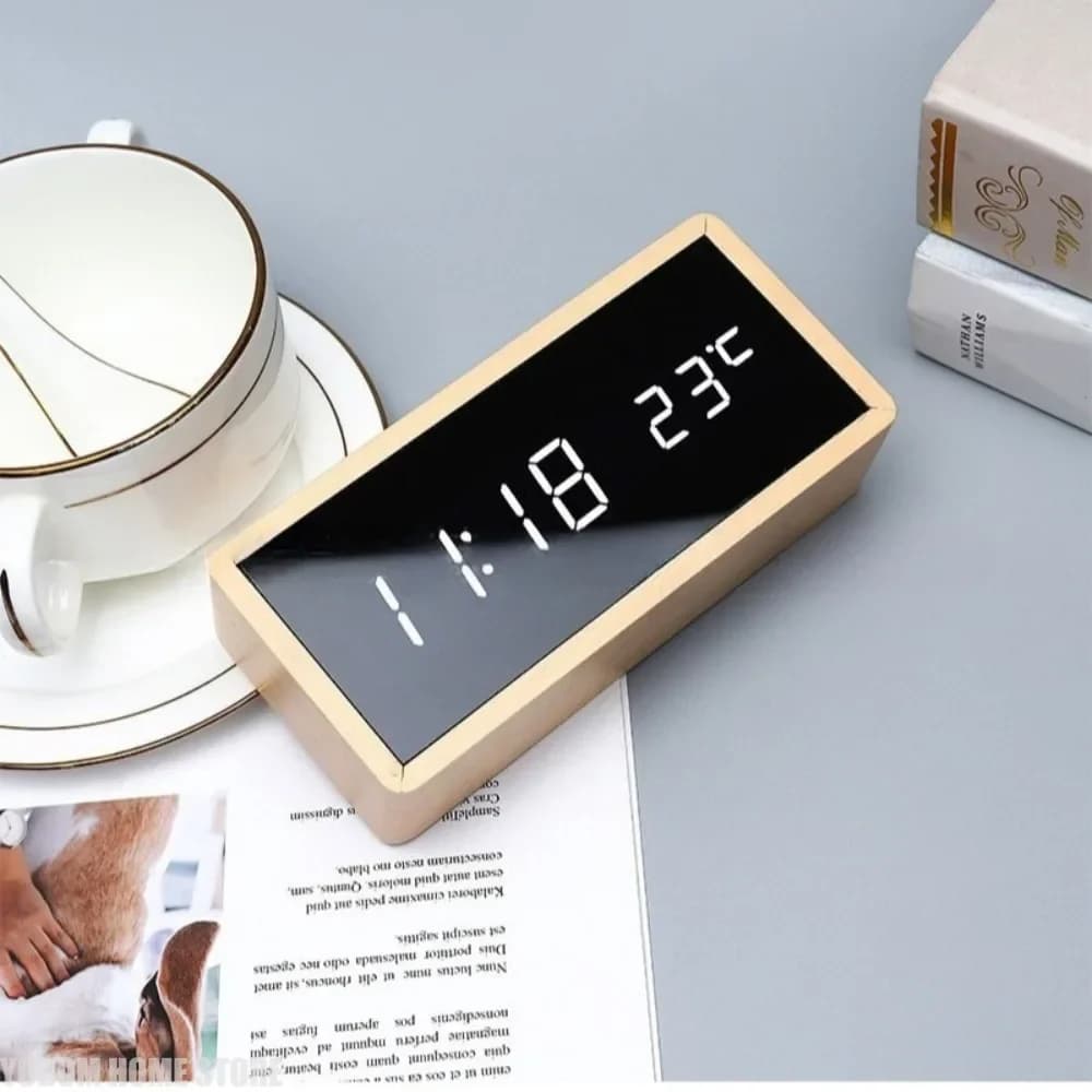 Bamboo Wooden Alarm Clock LED Display With Mirror Temperature Digital Watch Desktop Digital Table Clock
