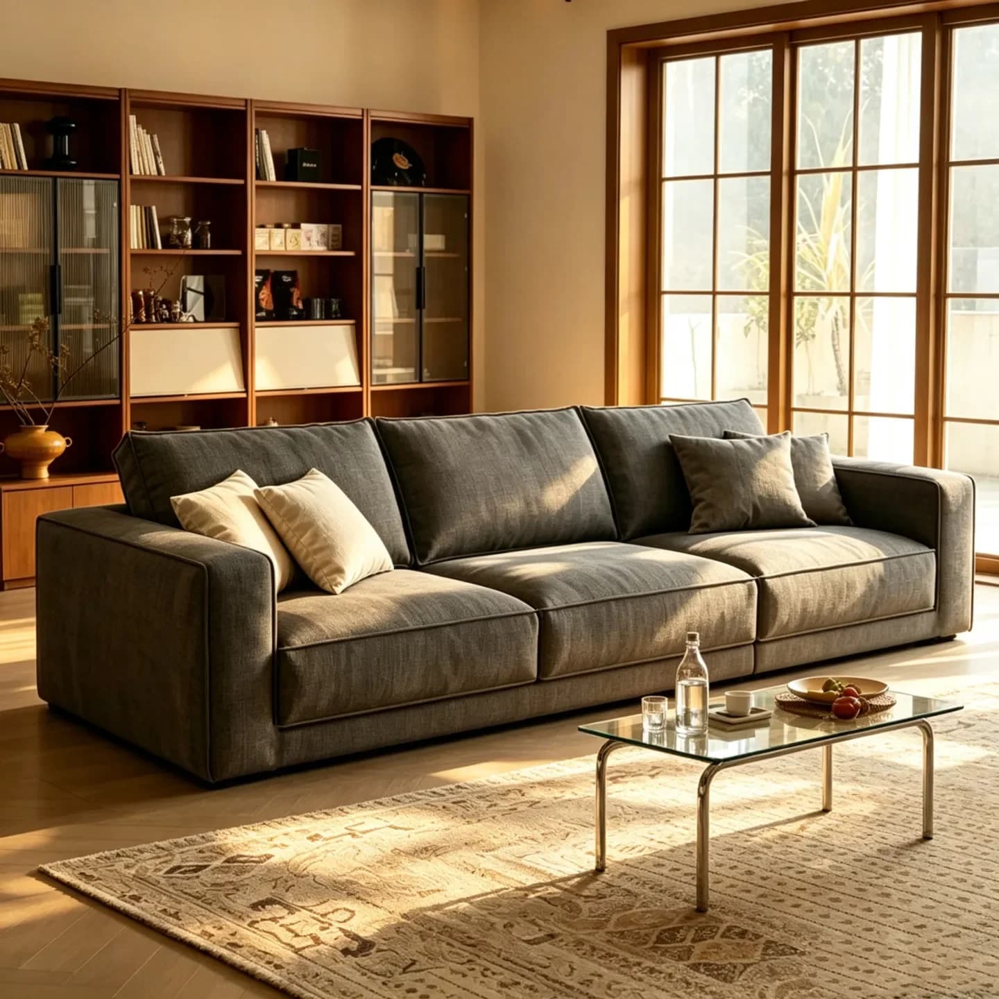 DSAFabric sofa is simple and modern removable and washable apartment size living room straight row three full sponge sofa
