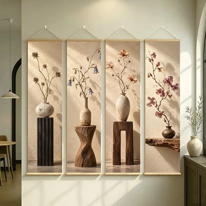 Wall Art Dried Cosmos and Dried Bellflower, Wabi-Sabi Silver Shimmer Canvas Hanging Scroll for Boutique Hotel Home Decor