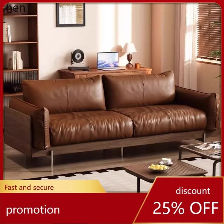 CZ Minimalist Black Walnut Wood Solid Wood Leather Sofa, Mid-Century Style Furniture for Small Homes