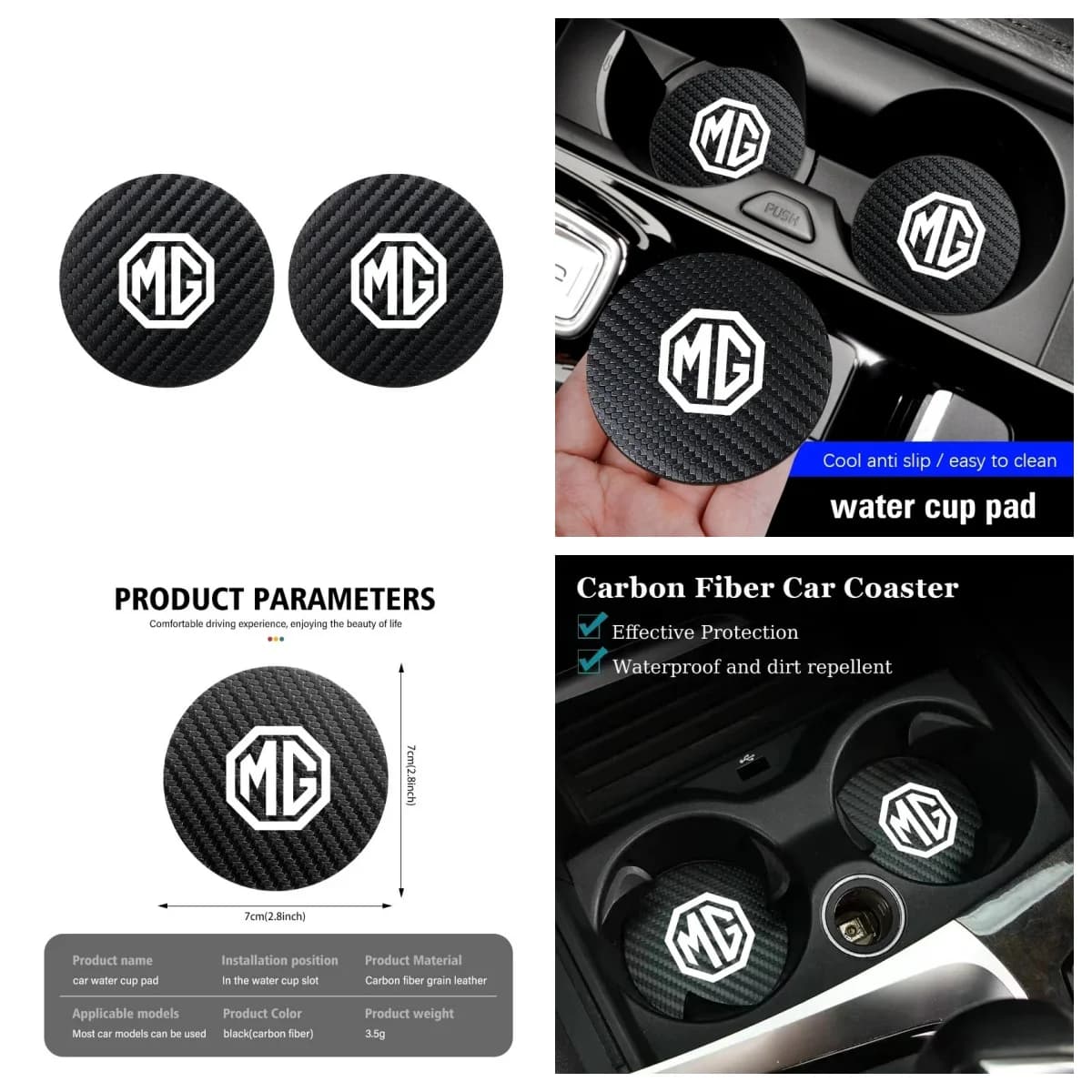 2Pcs MG Carbon Fiber Texture Anti-slip Water Cup Pad Coaster Fit MG ZS EV HS EHS PHEV MG3 MG4 MG5 MG6 MG7 GT ZR RX5 RX8 ONE Cybe