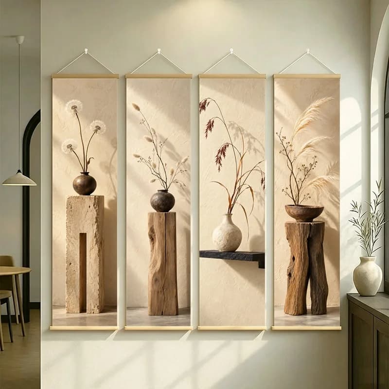 Wall Decor Red Sedge and Dandelion Seed, Serene Wabi-Sabi Botanical Silver Shimmer Canvas Hanging Scroll for Reading Nook