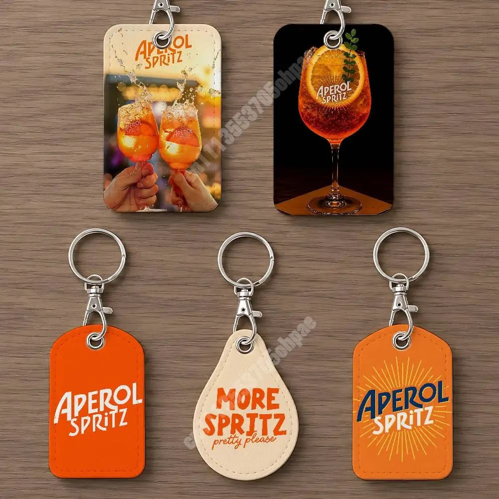 Orange Prosecco A-Aperol S-Spritz Leather Keychain Card Holder for Airtag & ID Cards Business Bag Charm