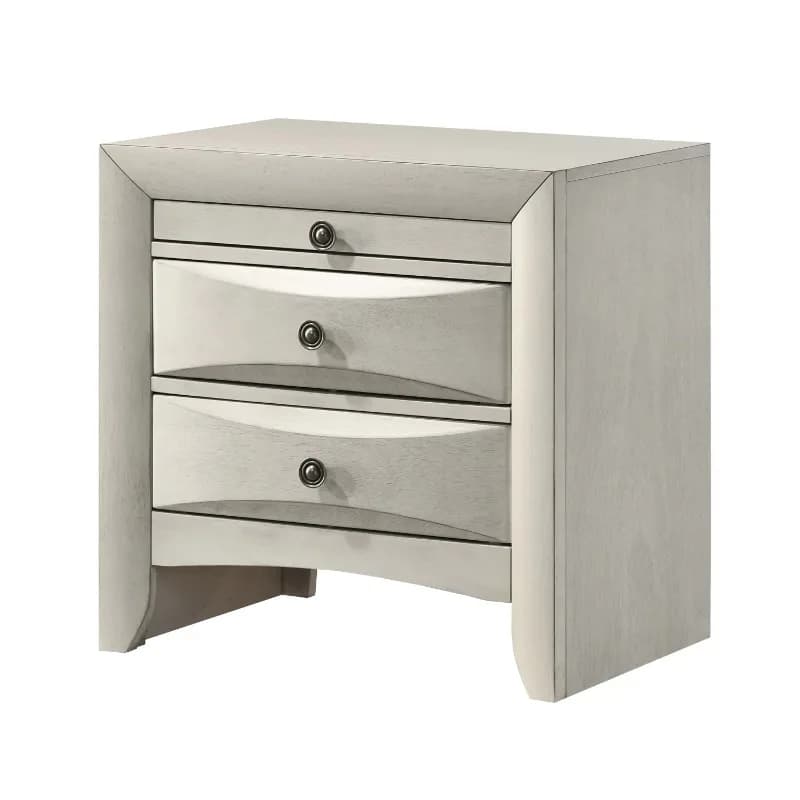 Modern style white bedside table with curved drawer front panel, storage drawer, wood