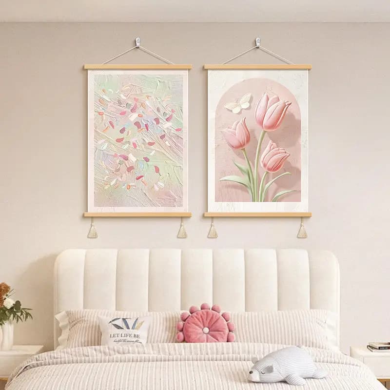 Aesthetic Room Decor Canvas Wall Art Floral Scroll Set Pink Tulip Abstract Print for Bedroom Living Room Boho Home anime poster