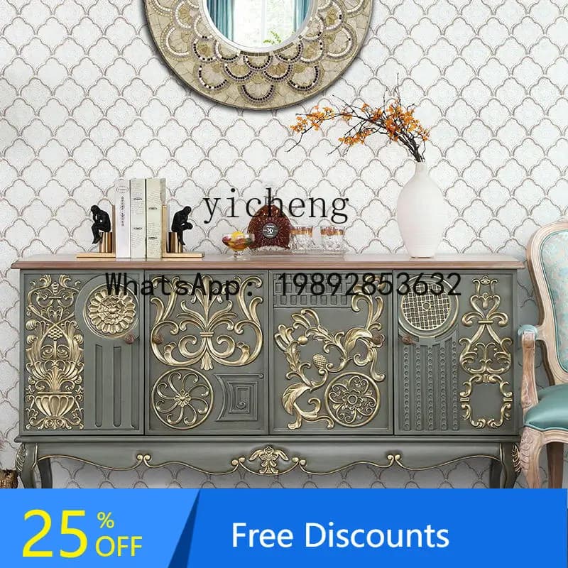retro solid wood dining side cabinet, facing the entrance door, engraved hand-painted decorative cabinet