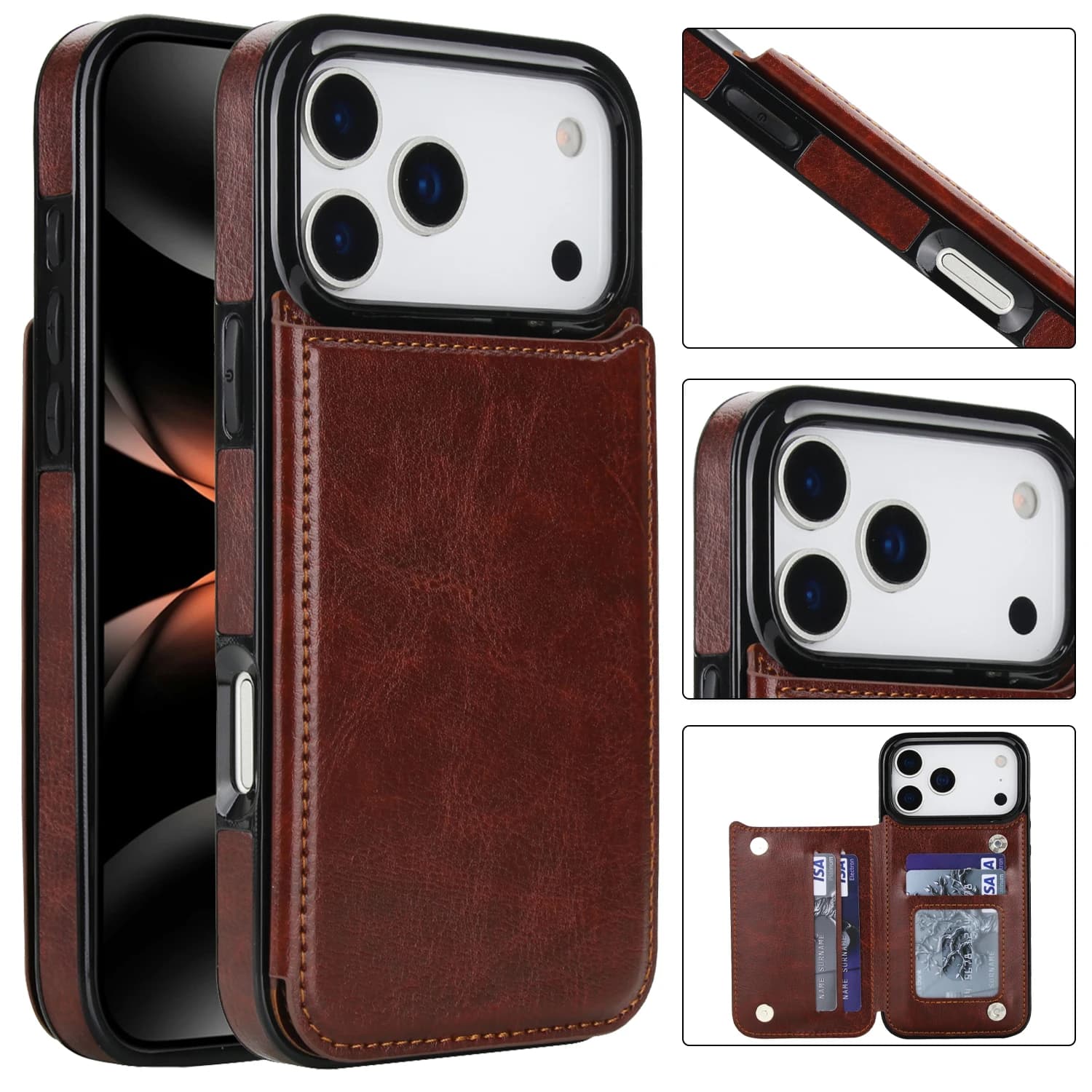 Leather Flip Card Holder Wallet Case For iPhone 17 Pro Max 16 16e 15 14 Plus 13 12 11, Slim Cards Pocket Kickstand Phone Covers