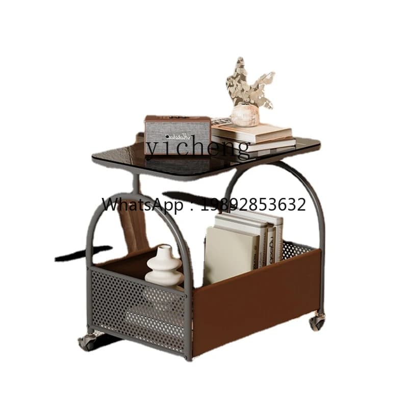 ZZZk Removable Living Room Sofa Storage Glass Side Table Simple with Wheels Trolley