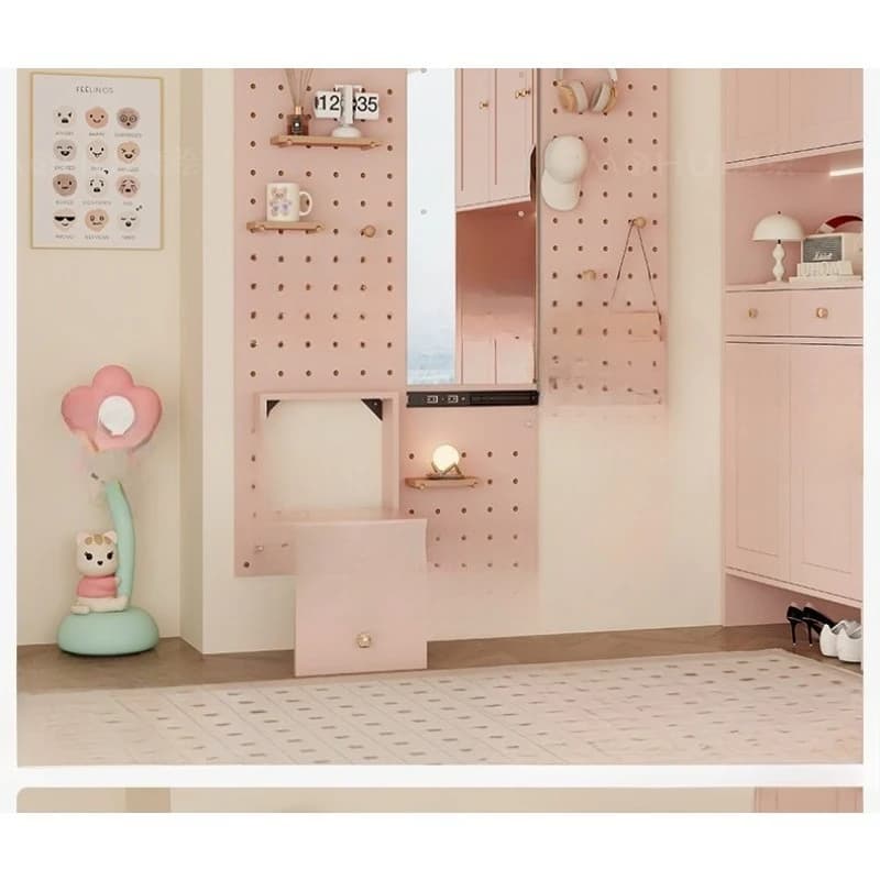 Pegboard entryway shoe bench, entryway pink storage rack, pegboard dressing mirror