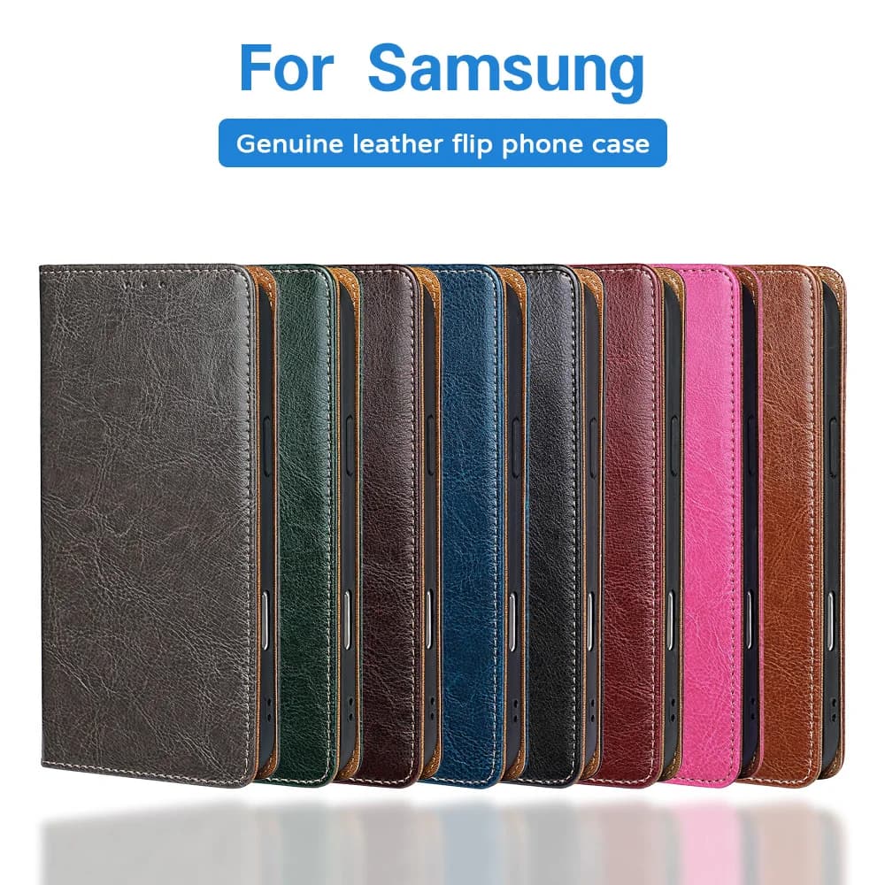 Genuine Leather Flip Wallet Phone Case For Samsung Galaxy S26 S25 S24 S23 S22 Ultra S26 Plus S25 FE Card Slot Stand Business