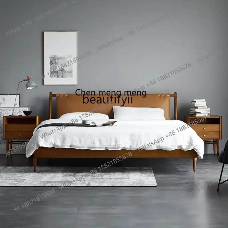 cn8350 LHY zqNordic Light Luxury Leather Bed Modern Minimalist First Layer Cowhide Retro Master Bedroom Double Bed Solid Wood Be