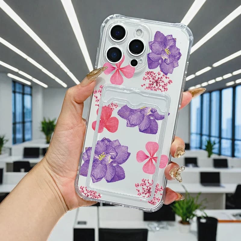 Pink floral collage For IPhone 17 Pro Max 16 17 15 7 14 13 Plus 12 Mini 11 XR 16E Air softshell Transparent card pack phone case