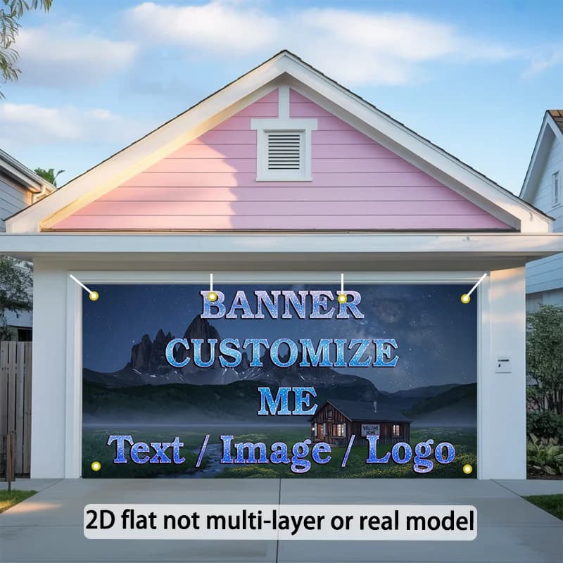 2D Flat, Custom Photo Personalized Garage Banner - Add Text/Logo/Photo - No Electricity Needed, Self-Stick Hanging - Durable Pol