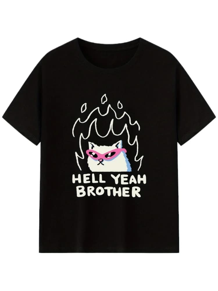 Hell Yeah Brother Cat Woodland cotton men's T-shirt with printed design of flaming cat and fashionable glasses.