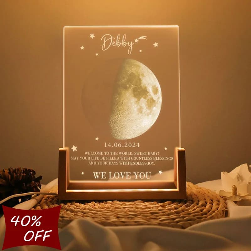 Custom Moon Phase Night Light - The Day We Met- Romantic Couple Gift - Unique Anniversary/Valentine's Moonlight Decor